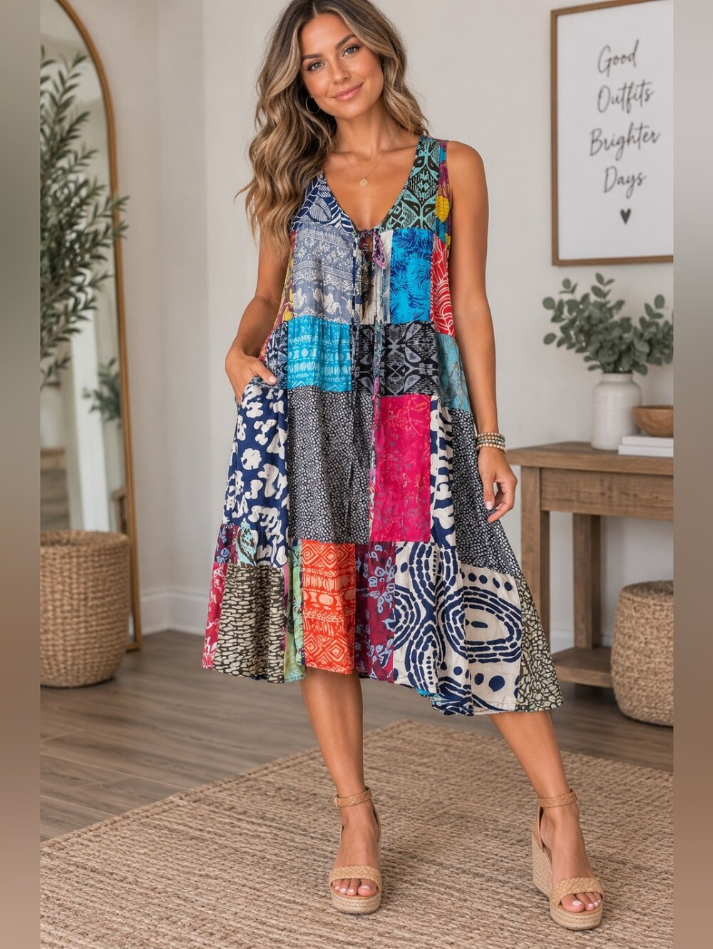 Women’s L/XL Patchwork Boho Midi Dress 100% Rayon Sleeveless Multicolor Hippie